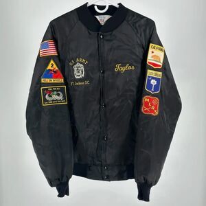 Vintage 80s Military Satin Bomber Jacket Fort Jackson Black Panthers Size L